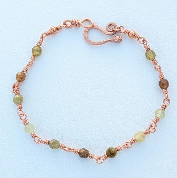 Dainty Copper Bracelet Natural Green Garnet Gems Artisan Crafted Feminine Style - Picture 2 of 15
